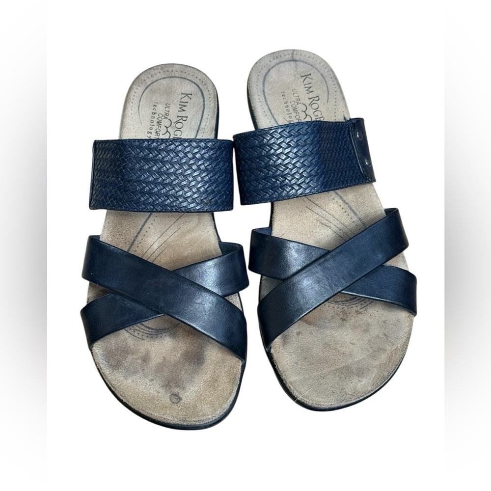 Kim Rogers Maddy Navy Blue Woven & Cross-Strap Slide Wedge Sandals Size 8.5